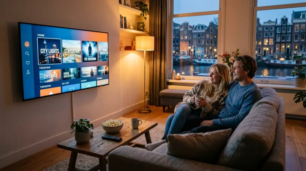 Premium Dutch IPTV-interface op een grote smart-tv met sfeervolle verlichting.