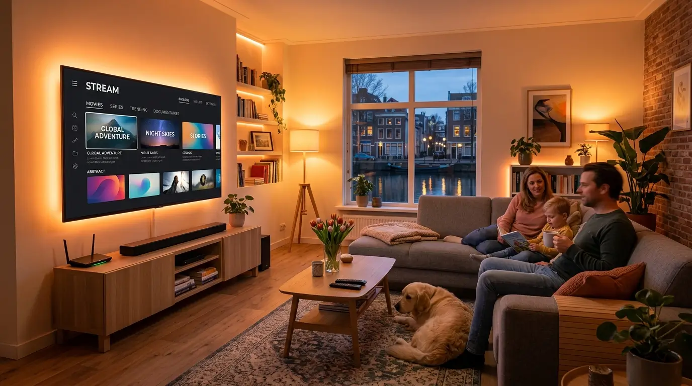 Dutch IPTV op een moderne smart-tv in een stijlvolle Nederlandse woonkamer.