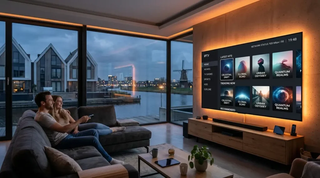 Gezin kijkt naar Dutch IPTV op een smart-tv in een modern Nederlands huis.