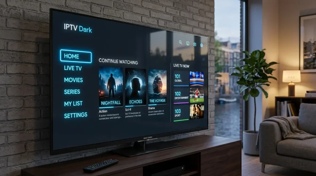 IPTV Dark streamingplatform weergegeven op een grote smart-tv in een moderne woonkamer.