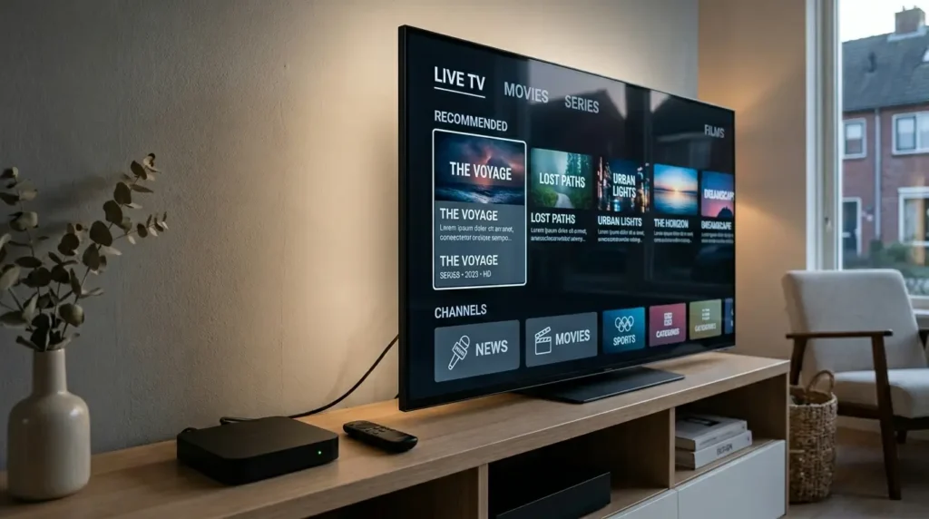 Premium IPTV kastje in een moderne home cinema-opstelling.