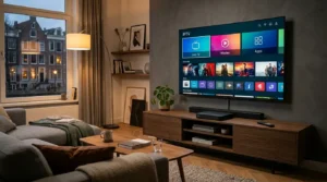 Modern IPTV kastje aangesloten op een smart-tv in een Nederlandse woonkamer.