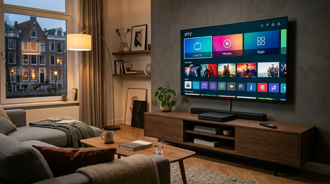 Modern IPTV kastje aangesloten op een smart-tv in een Nederlandse woonkamer.