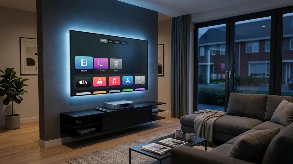 IPTV kastje naast een smart-tv met een moderne streaminginterface.