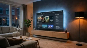 Donkere IPTV Dark-interface met overzichtelijke menu's en streamingopties.