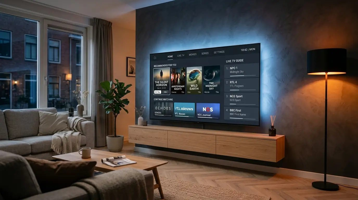 Donkere IPTV Dark-interface met overzichtelijke menu's en streamingopties.